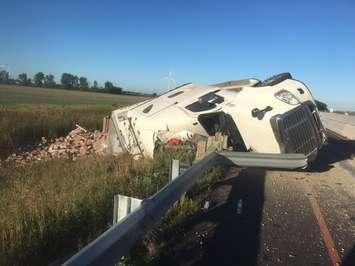 The scene of a transport truck rollover on the eastbound Hwy. 401 near Drake Rd. September 2, 2016. (Photo courtesy of Chatham-Kent OPP)