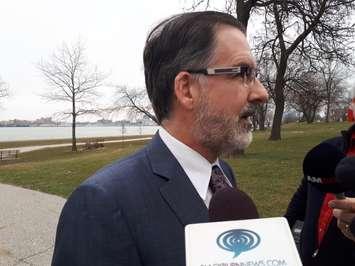 Windsor West MP Brian Masse speaks to reporters near the Ambassador Bridge on April 13, 2018. Photo by Mark Brown/Blackburn News.
