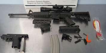 Firearms and over-capacity magazines seized at the Ambassador Bridge on January 10, 2024. (Photo courtesy of Canada Border Services Agency)
