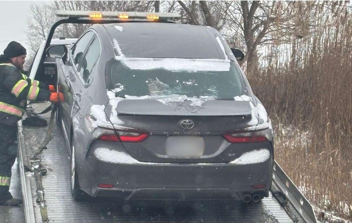 A vehicle suspected of being driven more than twice the legal limit in LaSalle is towed on January 23, 2025. Photo courtesy LaSalle police/X.