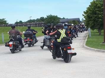 Motorcyclists pull into Wolfhead Distillery in Amherstburg during the Bob Probert Ride, June 23, 2019. Photo by Mark Brown/Blackburn News.