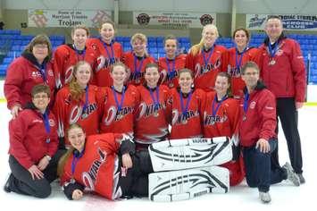 Back :Michele Hodgert, Emily Neubrand, Jessie Hennessy, Amanda Hodgert, Amanda Verbeke, Claire Rocher, Amy Alcock, Coach Craig Hennessy Middle: Connie Alcock, Hailey Wietersen, Avery Wedow, Lindsay Govers, Kim Alcock, Claire Hesselwood, Frank Verbeke
Front : Kyrstin Krainz