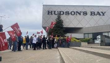 Unifor members rally outside the Hudson's Bay in Windsor, May 27, 2025. (Photo by Maureen Revait)