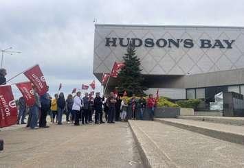 Unifor members rally outside the Hudson's Bay in Windsor, May 27, 2025. (Photo by Maureen Revait)