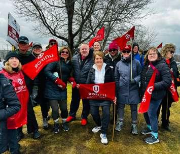 Unifor Local 444 members picket in solidarity with striking GreenShield workers in Windsor, April 4, 2024. Photo courtesy Unifor Local 444/X.