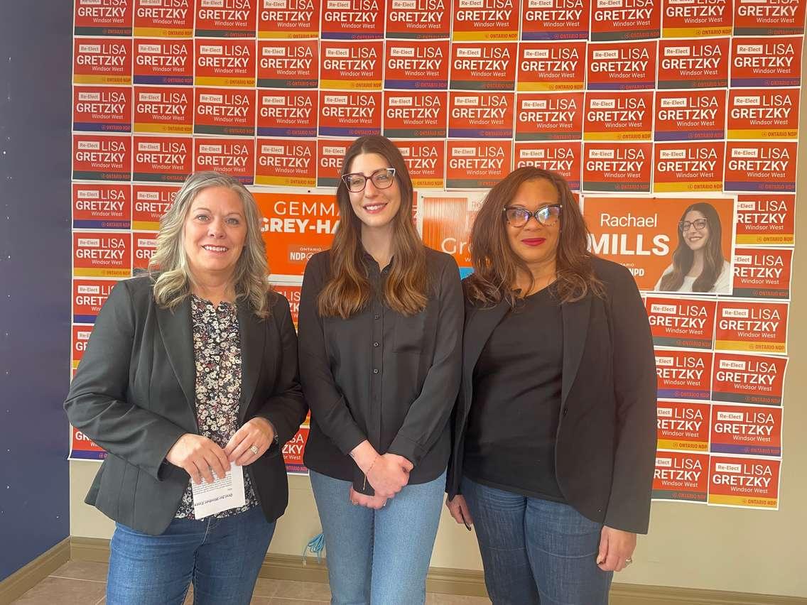 NDP candidates Lisa Gretzky, Rachael Mills, and Gemma Grey-Hall, February 14, 2025. (Photo by Maureen Revait) 