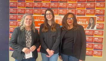 NDP candidates Lisa Gretzky, Rachael Mills, and Gemma Grey-Hall, February 14, 2025. (Photo by Maureen Revait) 