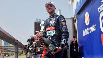 Kyle Kirkwood after winning the 2025 Chevrolet Detroit Grand Prix. (Photo via IndyCar Series)