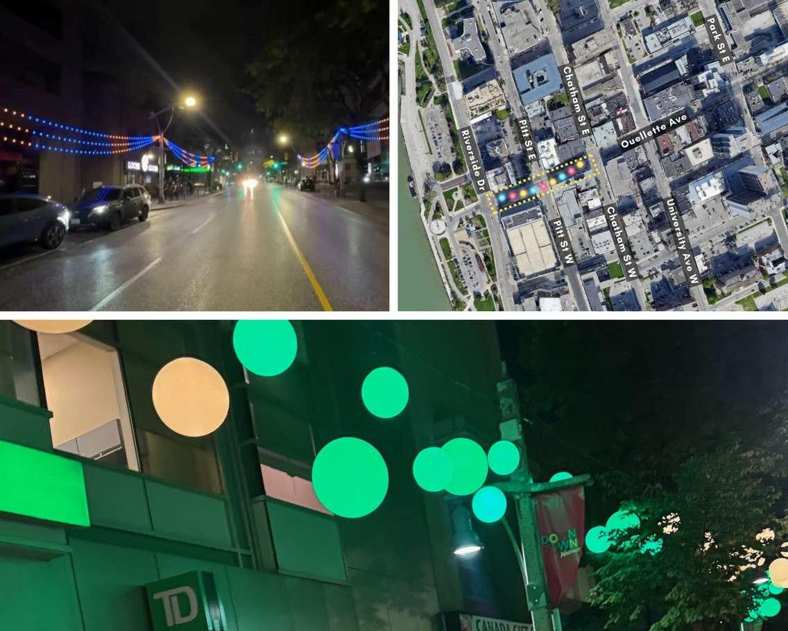 Lighting displays are shown in downtown Windsor, with a map showing where the installations are. Images courtesy City of Windsor.