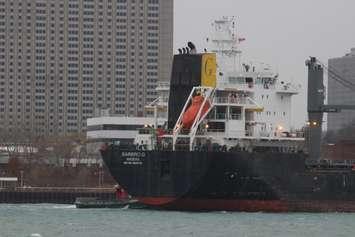 A tugboat is seen next to the Barbro G off downtown Detroit on November 27, 2023. Photo by Mark Brown/WindsorNewsToday.ca.