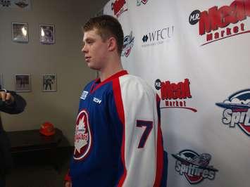 Windsor Spitfires defenceman Kyle Auger meets with the media following the Spitfires' 7-1 win over Saginaw at the WFCU Centre in Windsor, January 3, 2016.  Auger scored his first OHL goal.  (PHOTO/Mark Brown)