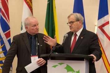 CFA President Ron Bonnet and Agriculture and Agri-Food Minister Lawrence MacAulay discuss Canadian agriculture policy at CFA annual meeting in Ottawa. (Photo provided by CFA)