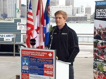 IndyCar driver Spencer Pigot discusses racing on Belle Isle at a media event at Festival Plaza, April 18, 2019. Photo by Mark Brown/Blackburn News.