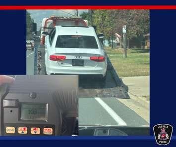 Image of a vehicle being towed after being stopped for excessive speed in LaSalle, September 2, 2025. Photos courtesy LaSalle Police Service/X.