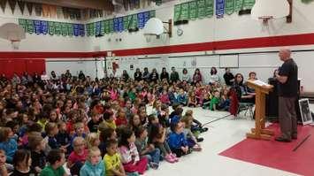 Fred Fox speaks to students at Sacred Heart Catholic School. April 21, 2016. Photo by Jake Jeffrey (blackburnnews.com)