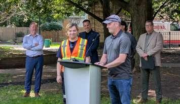 David Piper-Clark, in safety vest, and City of Windsor Horticulture Supervisor Mike Murphy at Mary Bibb Park, June 11, 2025. Photo by Mark Brown/WindsorNewsToday.ca.
