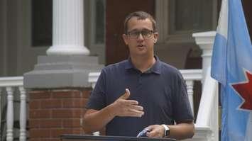 Monte McNaughton, the MPP for Lambton-Kent-Middlesex and the Minister of Labour, Training and Skills Development, makes an announcement in Watford. 14 August 2020. (BlackburnNews.com photo by Colin Gowdy)