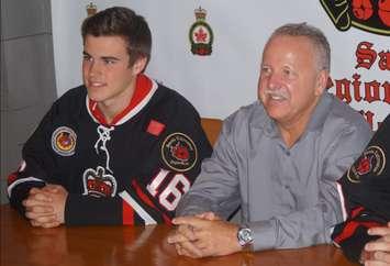 Nash Nienhuis pictured with Sarnia Legionnaire's Head Coach Mark Davis (Photo by Josh Boyce)