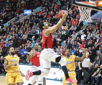 The Windsor Express battle the Island Storm in game seven of the NBL Canada finals. April 17, 2014. (Photo by Mike Vlasveld)