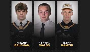 Chase Gaughan, Easton Walos, and Kase Kamzik. Image courtesy of the Sarnia Sting via X.