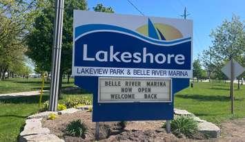 Lakeshore Lakeview Park and Belle River Marina sign, May 8, 2024. (Photo by Maureen Revait)