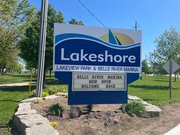 Lakeshore Lakeview Park and Belle River Marina sign, May 8, 2024. (Photo by Maureen Revait)