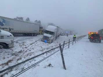 Multiple vehicle collision closes Highway 401 in Dutton/Dunwich on Friday December 23, 2022 (Photo courtesy of Dutton/Dunwich Fire Department via Twitter)