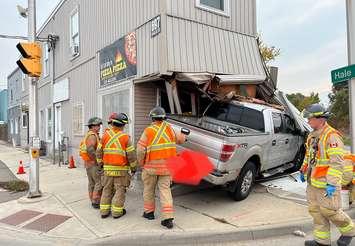 A pickup truck crashed into an apartment building at Dundas and Hale streets, October 19, 2023. Photo courtesy of the London Fire Department.