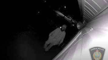 Sarnia police release video footage to identify suspect accused of trying to break into two residences. September 2025. (Photo courtesy of the Sarnia Police Services) 