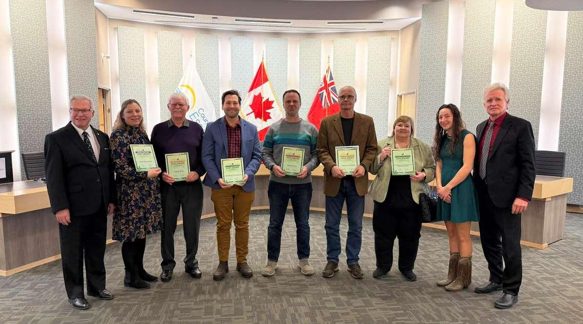 (Photo of Vice Chair Jim Morrison, Gina Pannunzio, Wayne King, Matthew Olewski (Jack Miner Bird Sanctuary), Klaus Dohring (Green Sun Rising), Tammy Dewhirst (ACO Windsor Essex), Chair Molly Allaire, ERCA CAO Tim Byrne courtesy of the Essex Region Conservation Authority).