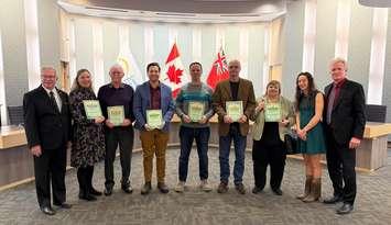 (Photo of Vice Chair Jim Morrison, Gina Pannunzio, Wayne King, Matthew Olewski (Jack Miner Bird Sanctuary), Klaus Dohring (Green Sun Rising), Tammy Dewhirst (ACO Windsor Essex), Chair Molly Allaire, ERCA CAO Tim Byrne courtesy of the Essex Region Conservation Authority).