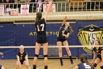 Holy Names' Layne Van Beskirk goes for a block against CKSS' Michaela Robinson during the 2016 SWOSSAA AAA girls volleyball final, February 29, 2016 (Photo by Jake Kislinsky)