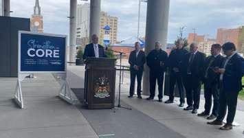 Windsor Mayor Drew Dilkens presents the "Strengthen the Core" plan to revitalize Windsor's downtown, April 23, 2024. (Photo by Maureen Revait) 