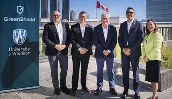 University of Windsor President Dr. Robert Gordon, centre, and others announce the school's partnership with Greenshield, August 26, 2025. Photo courtesy University of Windsor.