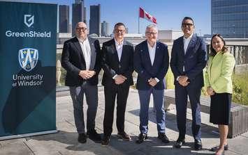 University of Windsor President Dr. Robert Gordon, centre, and others announce the school's partnership with Greenshield, August 26, 2025. Photo courtesy University of Windsor.