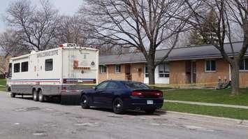 Sarnia Police investigate suspicious death on Kathleen Ave.  April 19, 2016. Photo by Jake Jeffrey (blackburnnews.com)