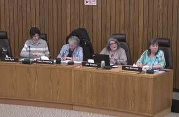 GECDSB Student Trustee Colin Pyne, from left, and Trustees Nancy Armstrong, Julia Burgess, and Kim McKinley, attend the public board meeting in Windsor on April 2, 2024. Screenshot courtesy GECDSB Meetings/YouTube.