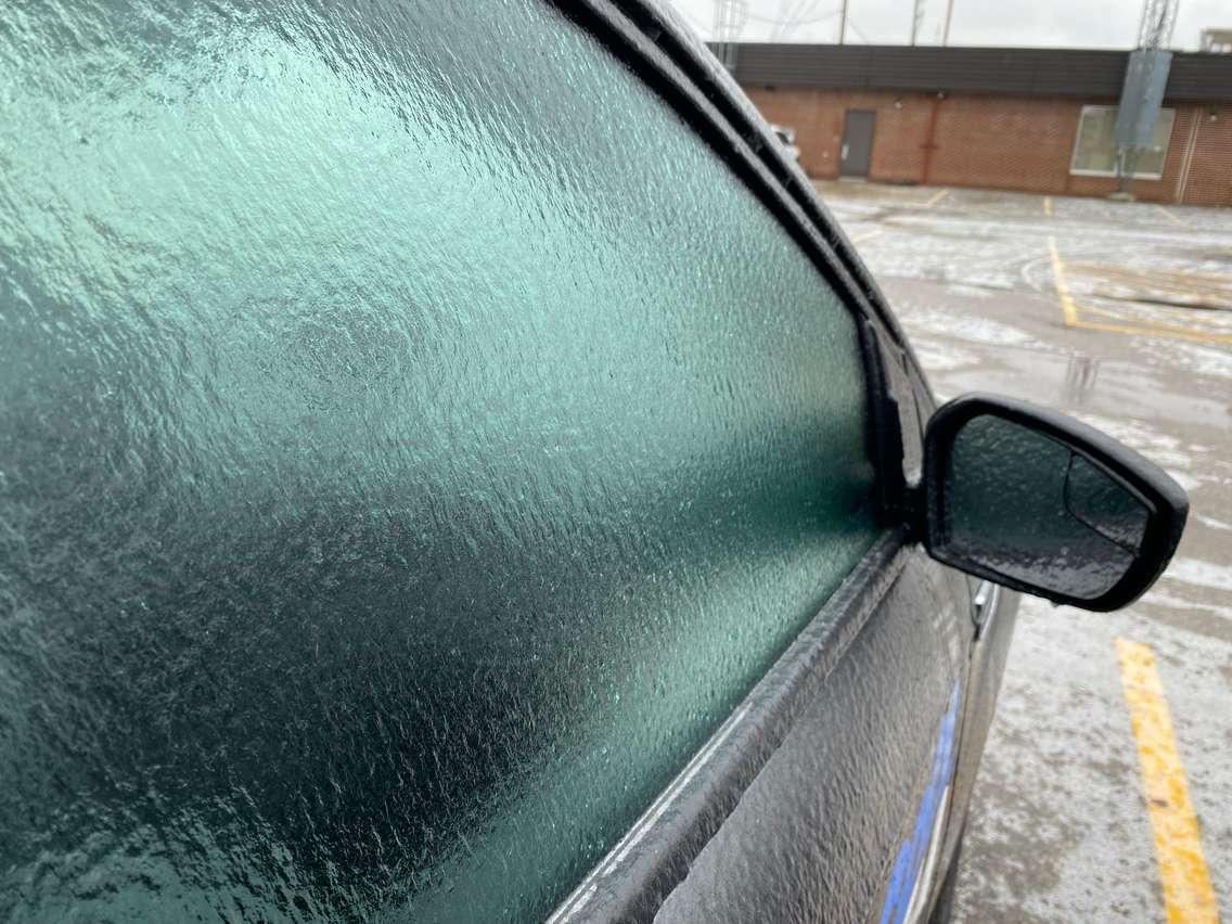 Freezing rain accumulates as ice buildup on a vehicle. (File photo by Matt Weverink)