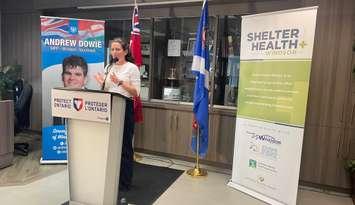 Dr. Sherry Bondy, medical director of the Windsor Shelter Health Associates, speaks on continued provincial funding, July 16, 2025. (Photo by Maureen Revait)  