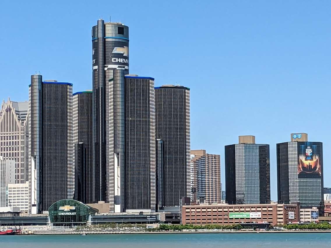 The GM Renaissance Center in Detroit is seen with art promoting the Chevrolet Detroit Grand Prix presented by Lear, May 25, 2023. Photo by Mark Brown/WindsorNewsToday.ca.