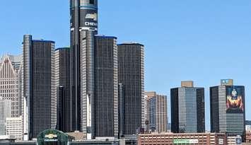 The GM Renaissance Center in Detroit is seen with art promoting the Chevrolet Detroit Grand Prix presented by Lear, May 25, 2023. Photo by Mark Brown/WindsorNewsToday.ca.