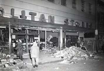 The damaged exterior of the Metropolitan Store on Ouellette Avenue in Windsor is seen on October 25, 1960. Photo courtesy Southwestern Ontario Digital Archive/University of Windsor.