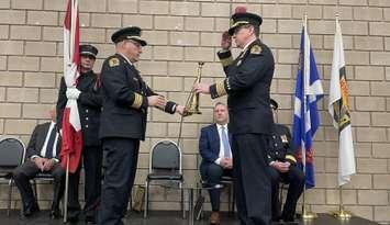 The command of the Windsor Fire and Rescue Services changes from Chief Steven Laforet to Chief Jamie Waffle, January 9, 2025. (Photo by Maureen Revait) 