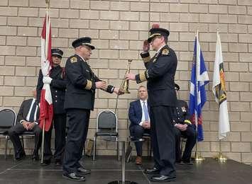 The command of the Windsor Fire and Rescue Services changes from Chief Steven Laforet to Chief Jamie Waffle, January 9, 2025. (Photo by Maureen Revait) 