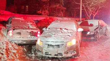 Three vehicles involved in a chain-reaction crash that injured a women shoveling snow on 8th Street East in Owen Sound, January 21, 2025. Photo provided by Owen Sound police