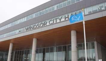 Windsor City Hall with the Detroit Lions flag, January 18, 2024. (Photo by Maureen Revait) 