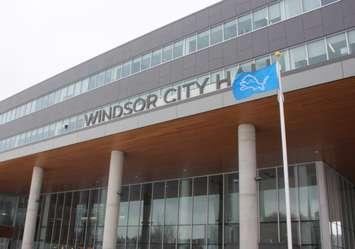 Windsor City Hall with the Detroit Lions flag, January 18, 2024. (Photo by Maureen Revait) 