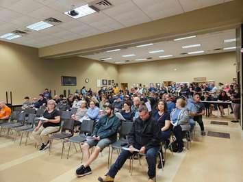 Employees at Flex N Gate in Lakeshore at a meeting to vote on a collective bargaining agreement, May 19, 2023. Photo courtesy Unifor Local 195/Facebook.
