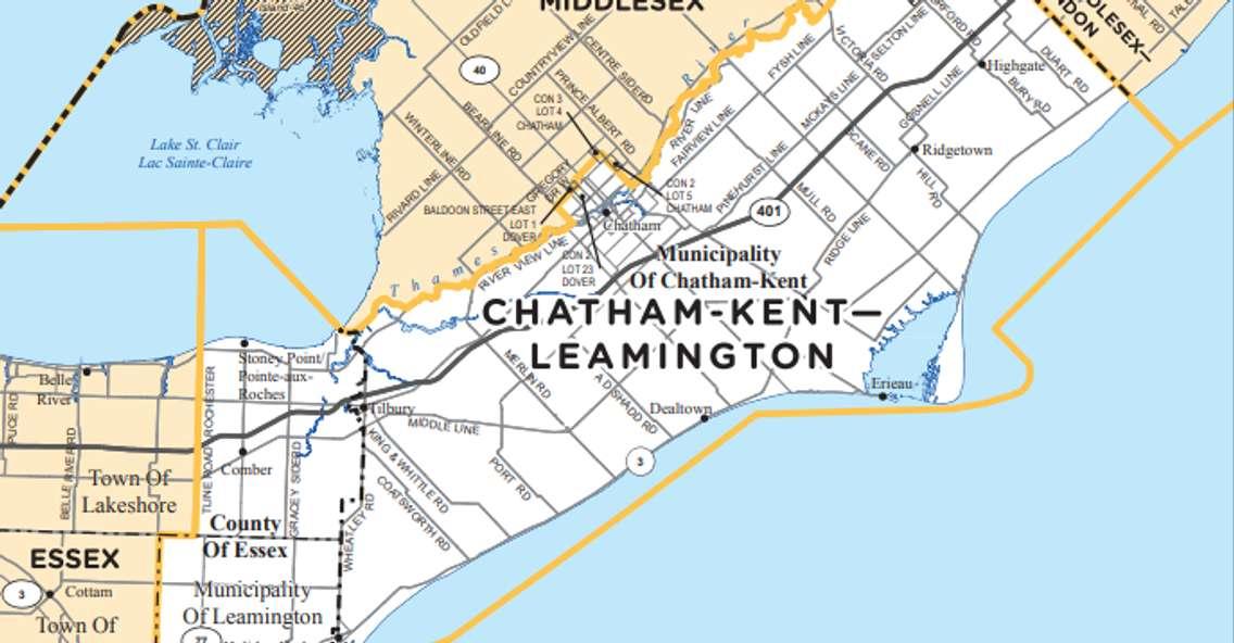 Snippet of the Chatham-Kent--Leamington riding map. (Photo via Elections Ontario / elections.on.ca)