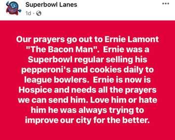 A Facebook message from Superbowl Lanes where Ernie Lamont was a regular. (Courtesy of Superbowl Lanes)
